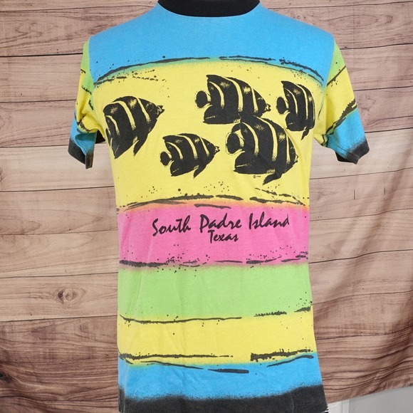 VINTAGE SOUTH PADRE ISLAND TEXAS FISH AOP ALL OVER PRINT SINGLE STITCH TSHIRT L - Picture 2 of 5
